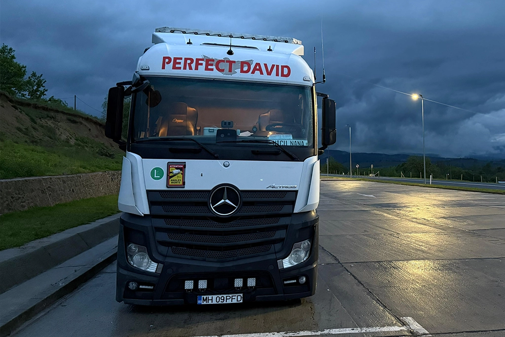 Camion Mercedes-Benz si in perspectiva un peisaj de furtuna