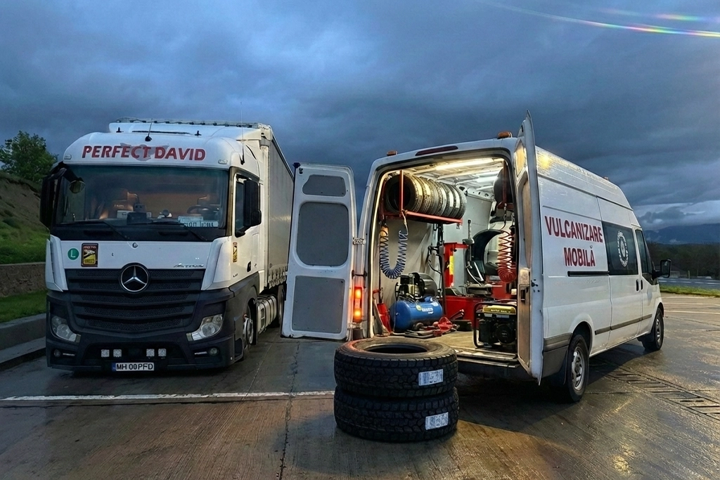 Vulcanizare mobila alaturi de un camion din flota Perfect David